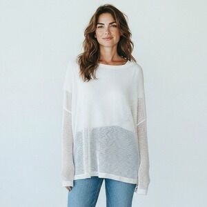 Nordstrom Sweater Women Medium White Coastal Linen Blend Open Knit Beachy Casual